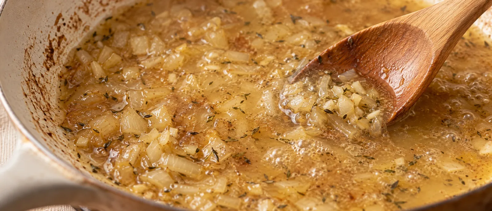 Onion in a liquid herb sauce being stirred with a wooden spoon in a frying pan