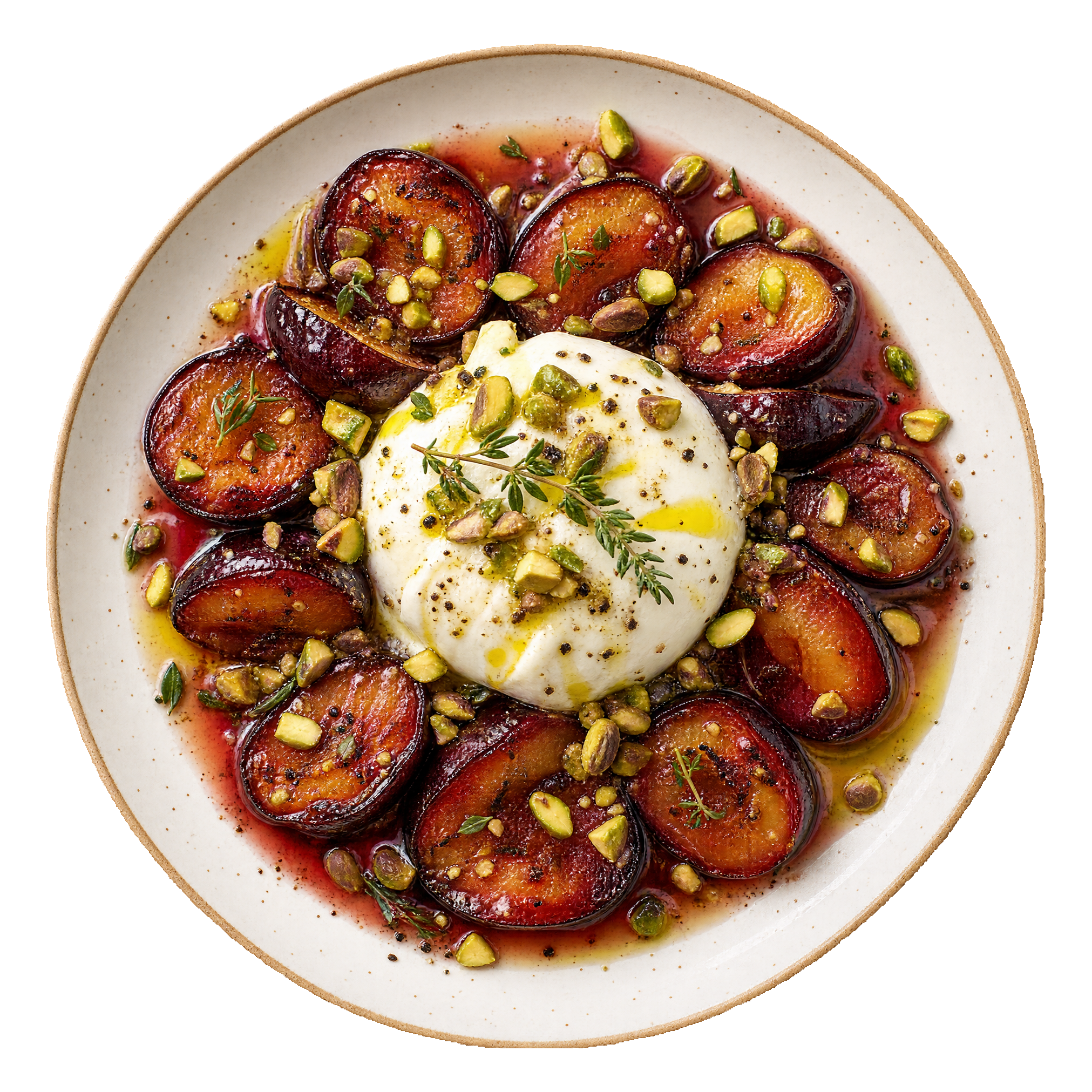 Kremowa burrata z pieczonymi śliwkami, pistacjami i tymiankiem