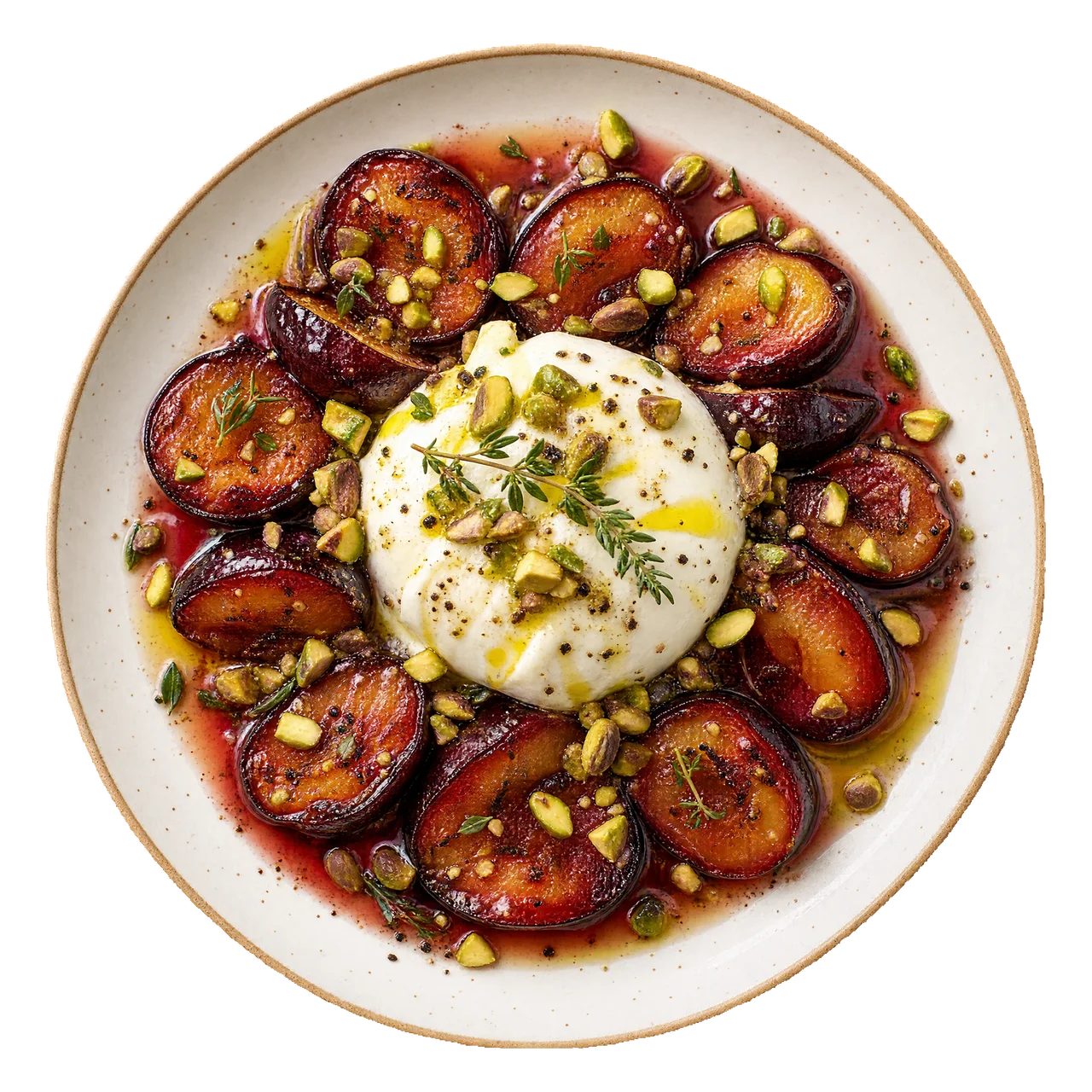 Kremowa burrata z pieczonymi śliwkami, pistacjami i tymiankiem