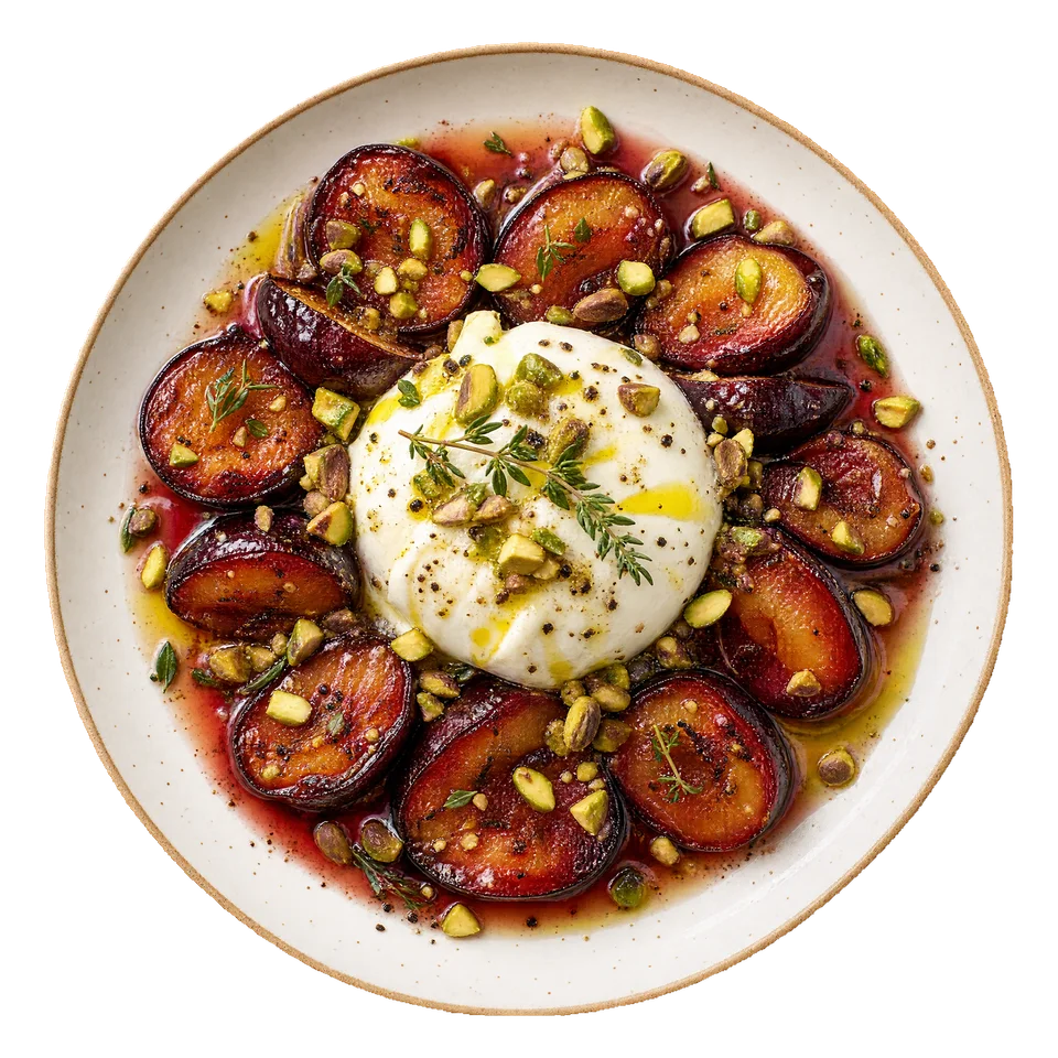 Kremowa burrata z pieczonymi śliwkami, pistacjami i tymiankiem
