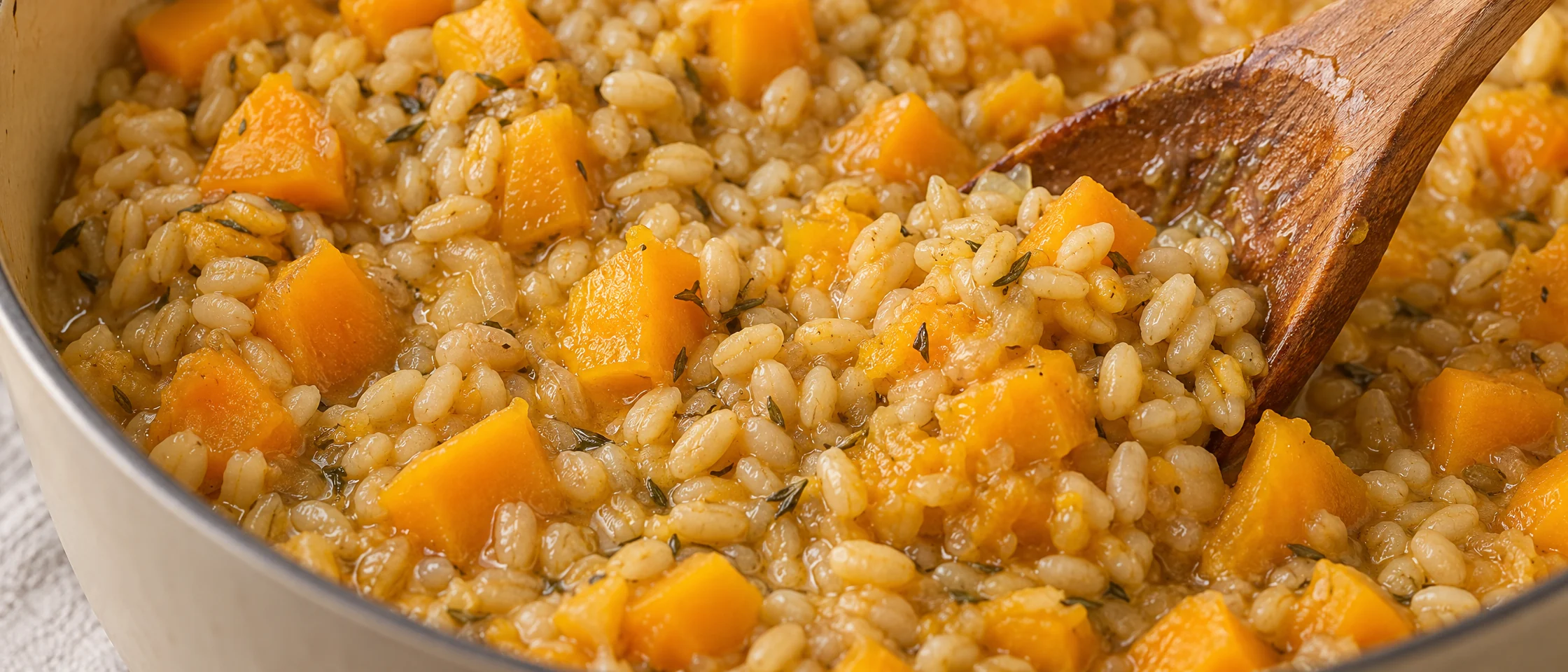 Creamy pearl barley with squash pieces and herbs being stirred with a wooden spoon
