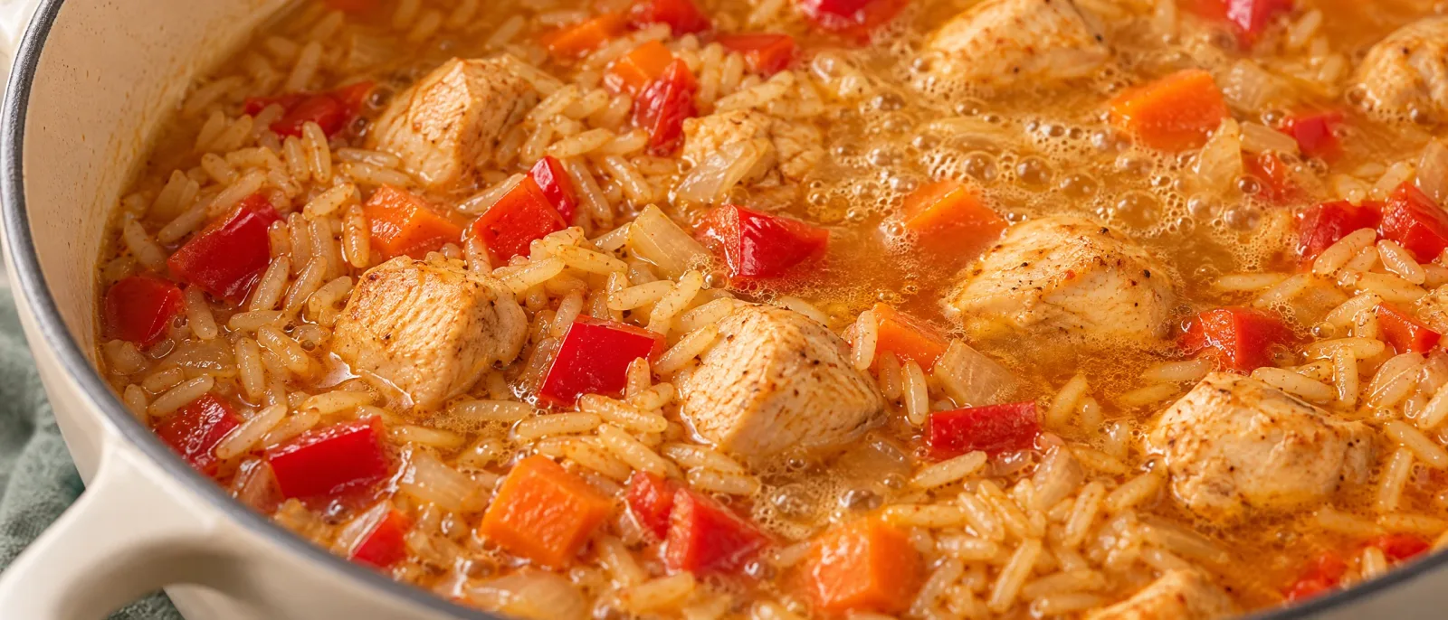 Rice with chicken, carrot and pepper simmering in stock