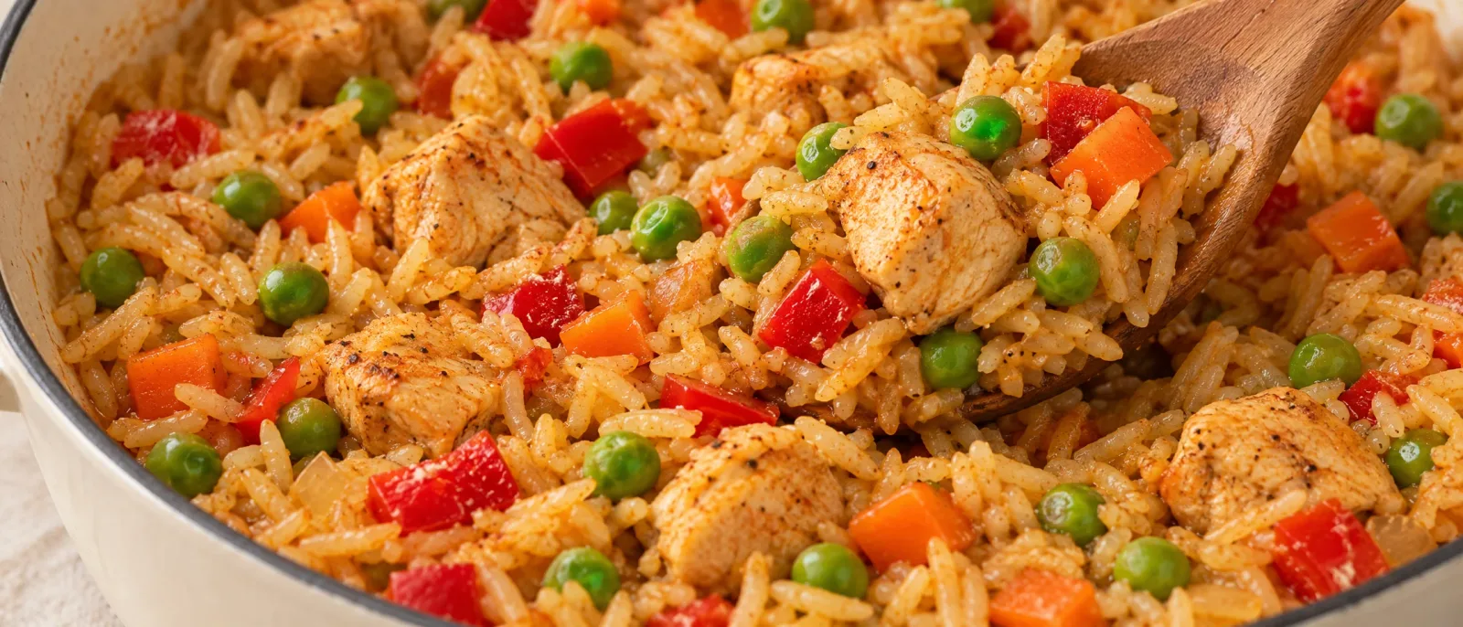 Cooked rice with chicken and vegetables after adding green peas