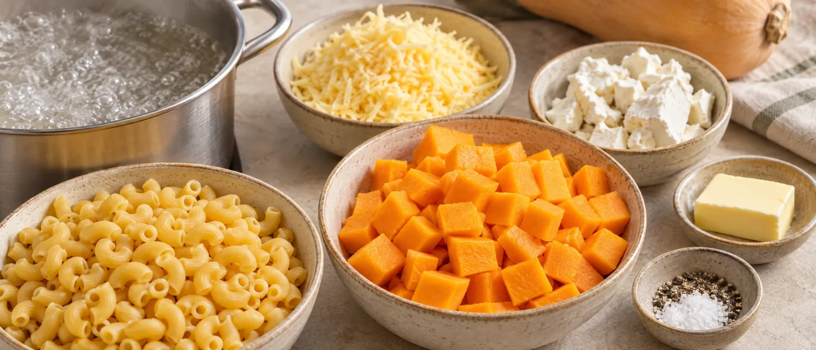 Diced squash, elbow macaroni, grated cheddar, goat’s cheese and butter before cooking