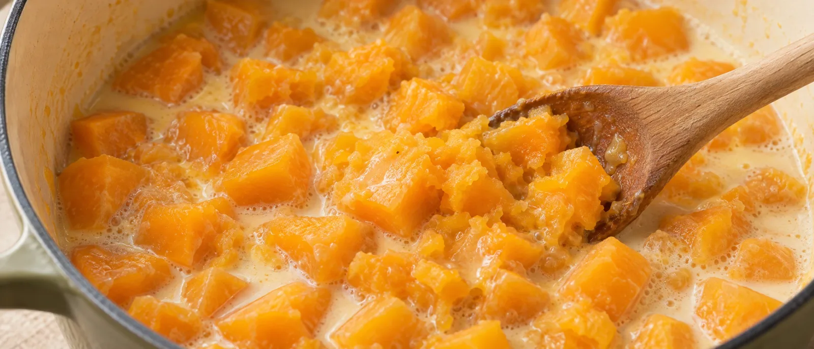Soft squash in milk in a saucepan, with pieces lifted on a wooden spoon