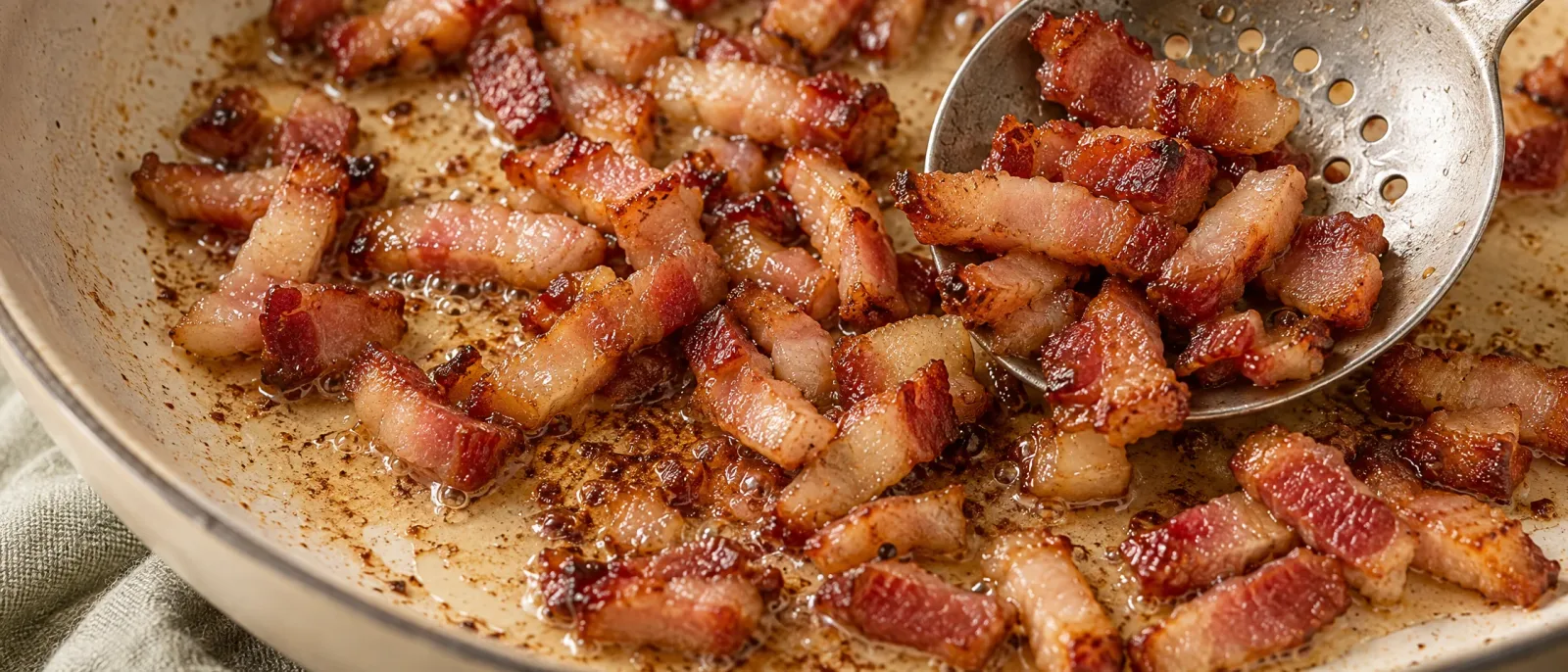 Browned bacon pieces in a frying pan and on a slotted spoon