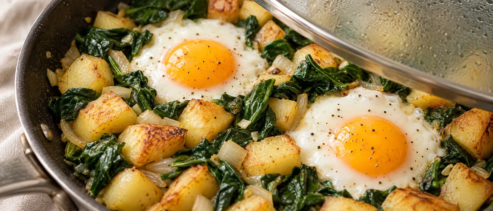 Eggs with set whites among potatoes and spinach, with the lid partly lifted