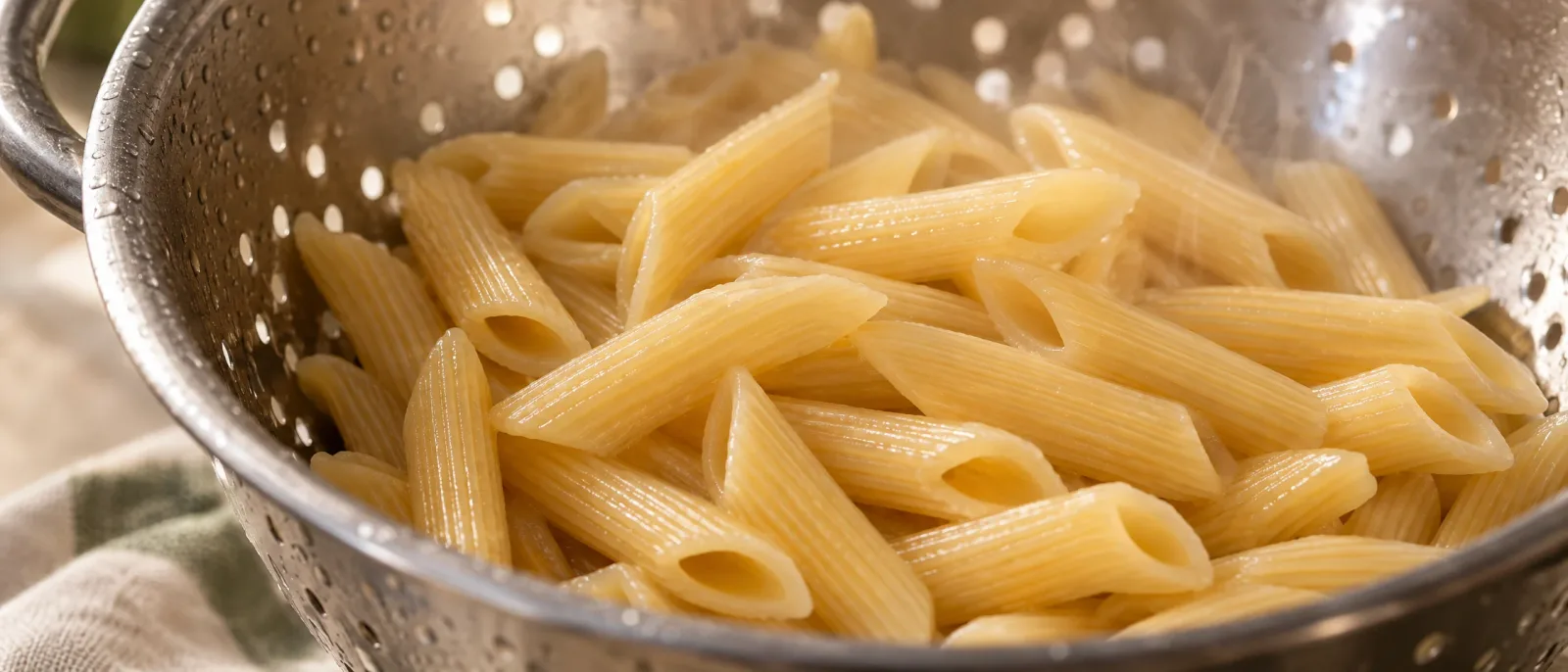 Drained penne pasta in a metal colander