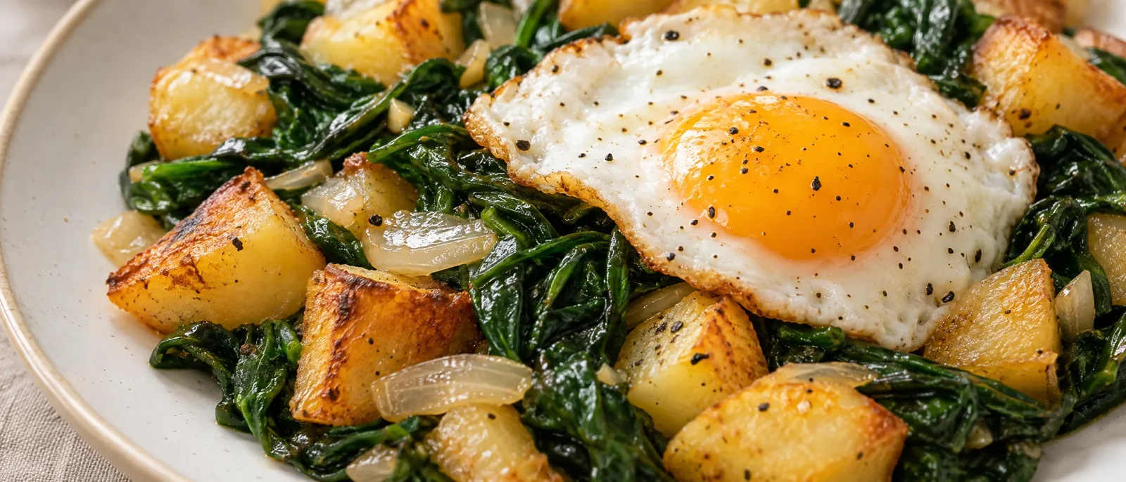 An egg with potatoes, spinach and onion served on a plate
