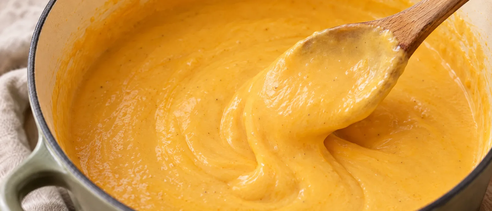 Smooth squash and cheese sauce in a saucepan and on a wooden spoon