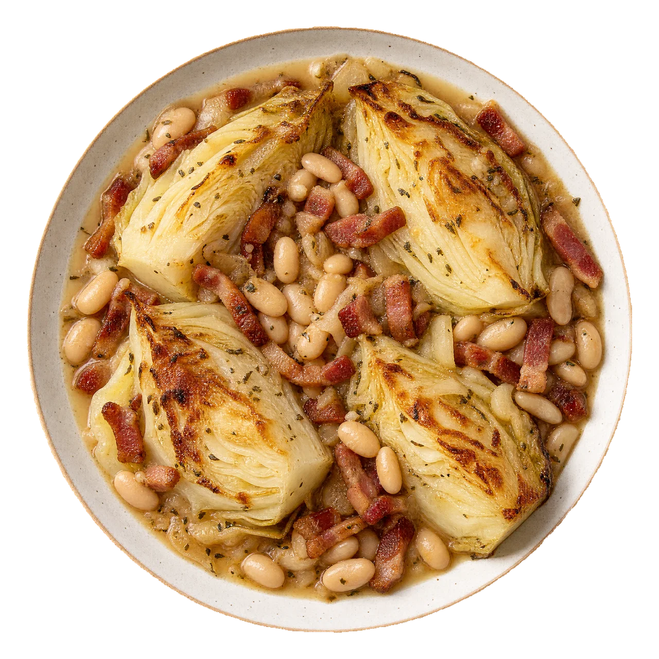 Roasted white cabbage wedges with white beans, bacon and sauce on a pale plate.