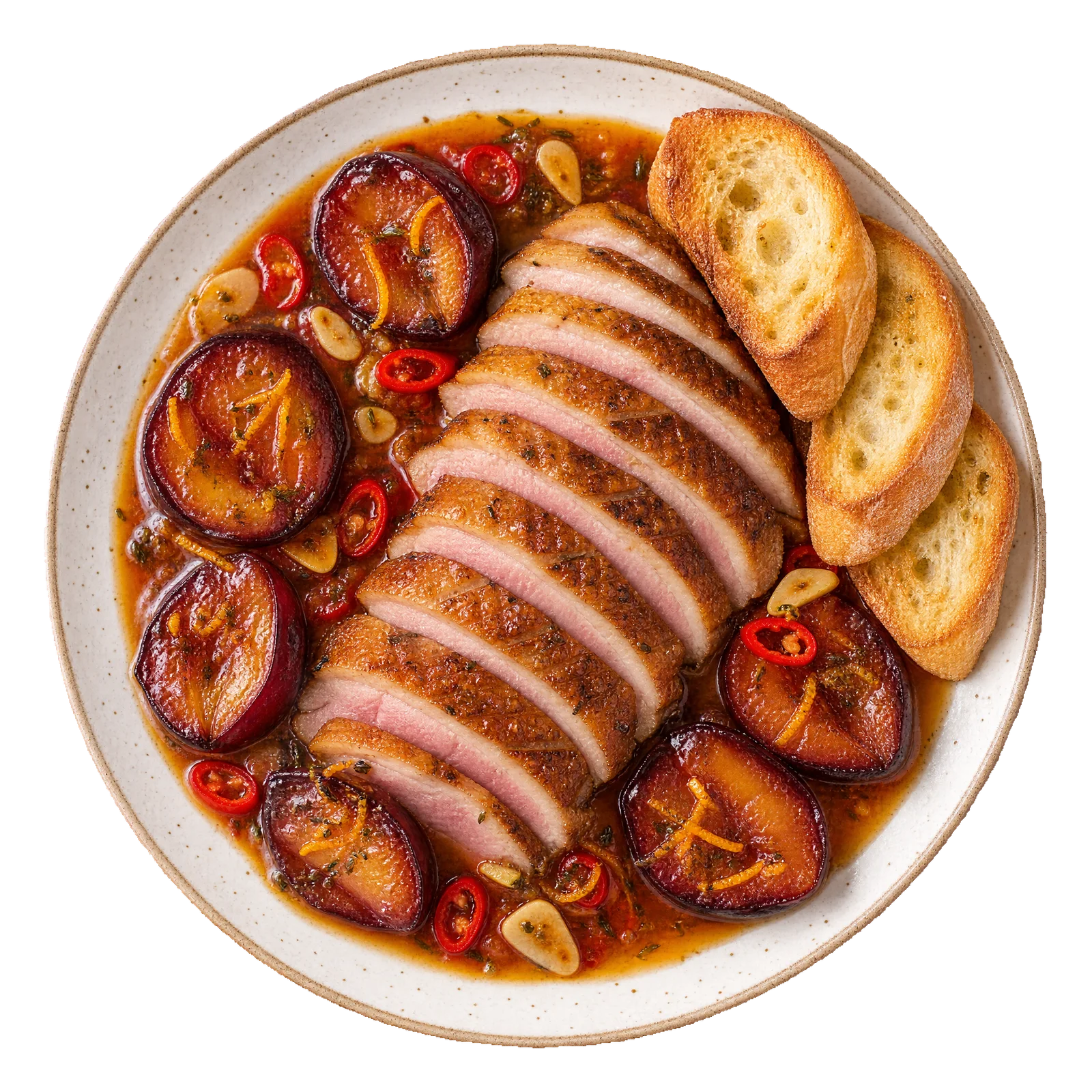 Duck breast with roasted plums, orange, chilli, garlic and baguette toasts