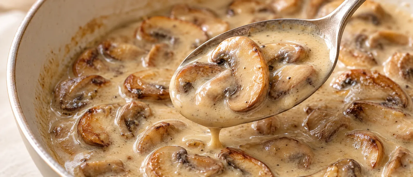 Creamy gravy with mushroom slices on a metal spoon over a frying pan