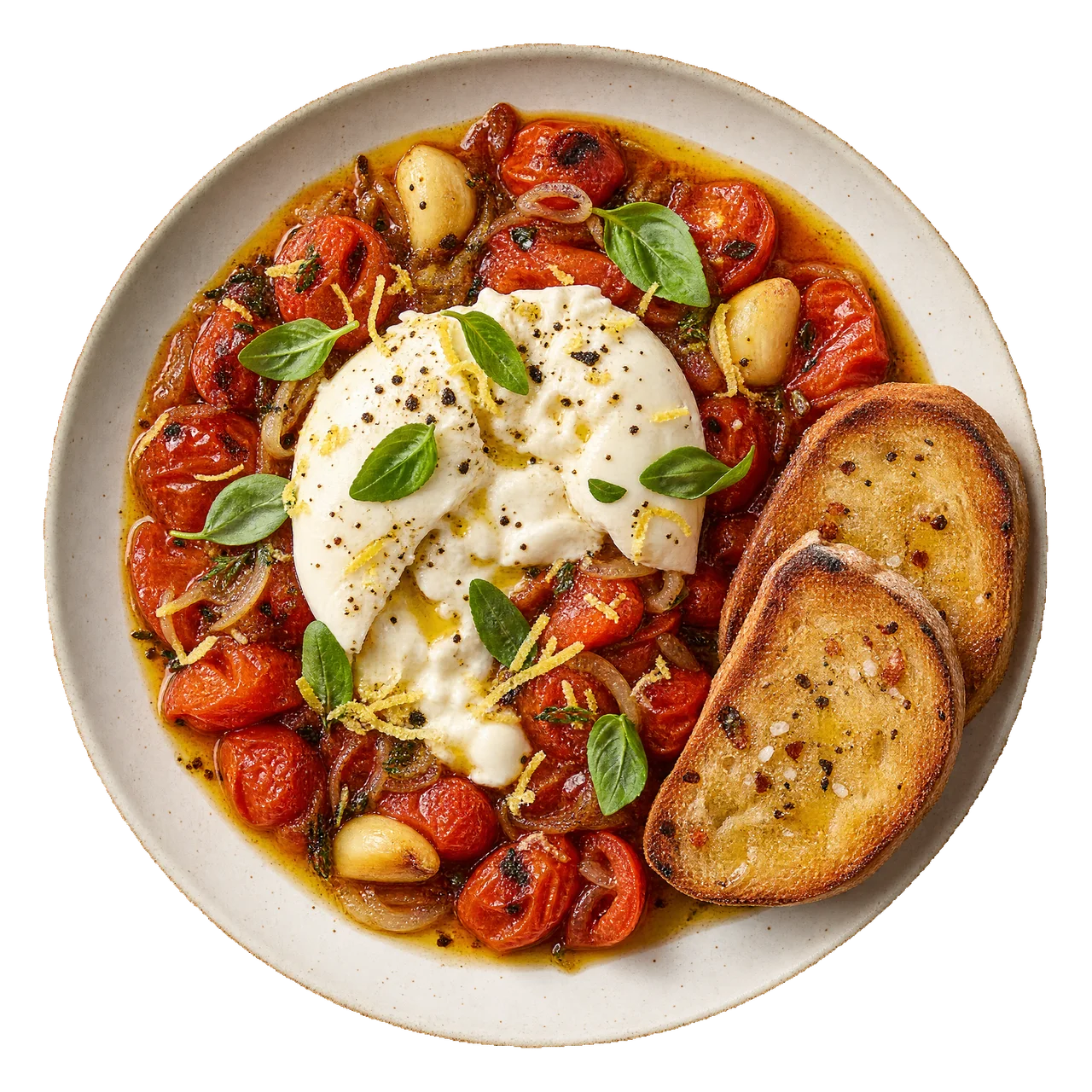 Hot burratino — burrata z pieczonymi pomidorkami i grzankami