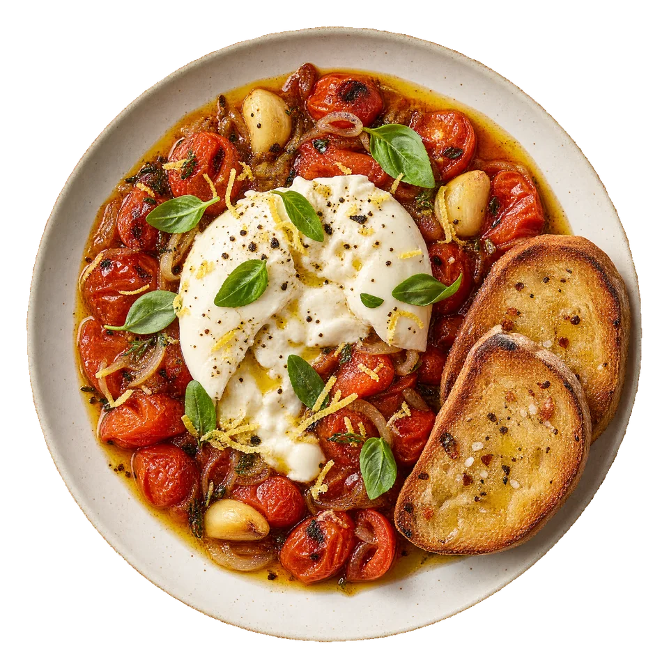 Hot burratino — burrata z pieczonymi pomidorkami i grzankami