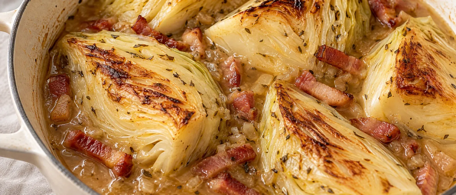 Seared cabbage wedges with bacon and onion sauce in a baking dish