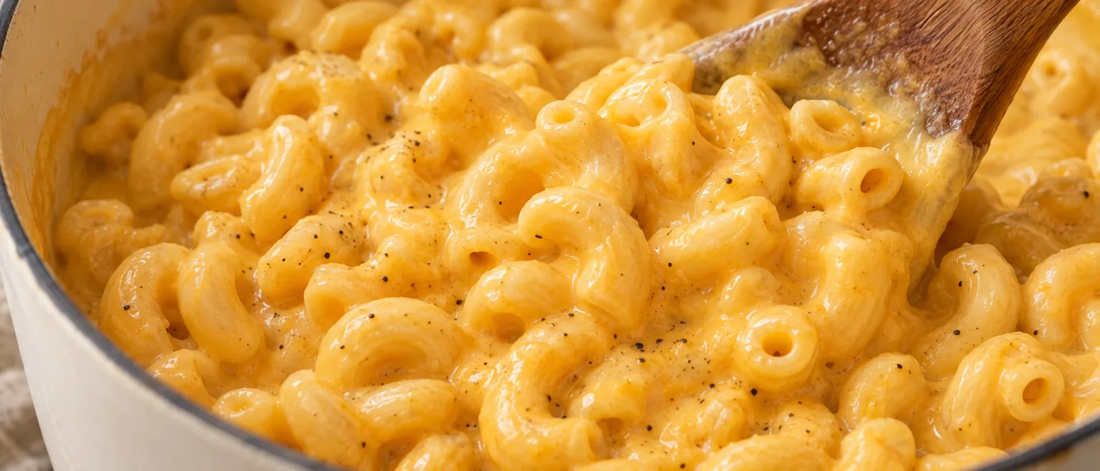 Elbow macaroni evenly coated in creamy squash and cheese sauce in a saucepan