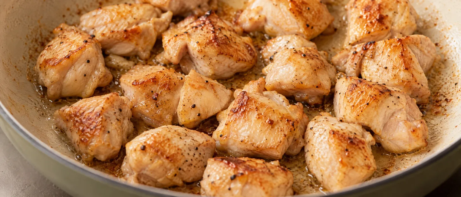 Chicken pieces with lightly browned surfaces in a saucepan