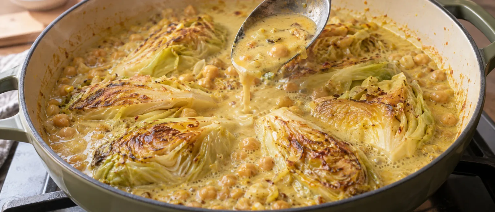 Braise the cabbage with chickpeas
