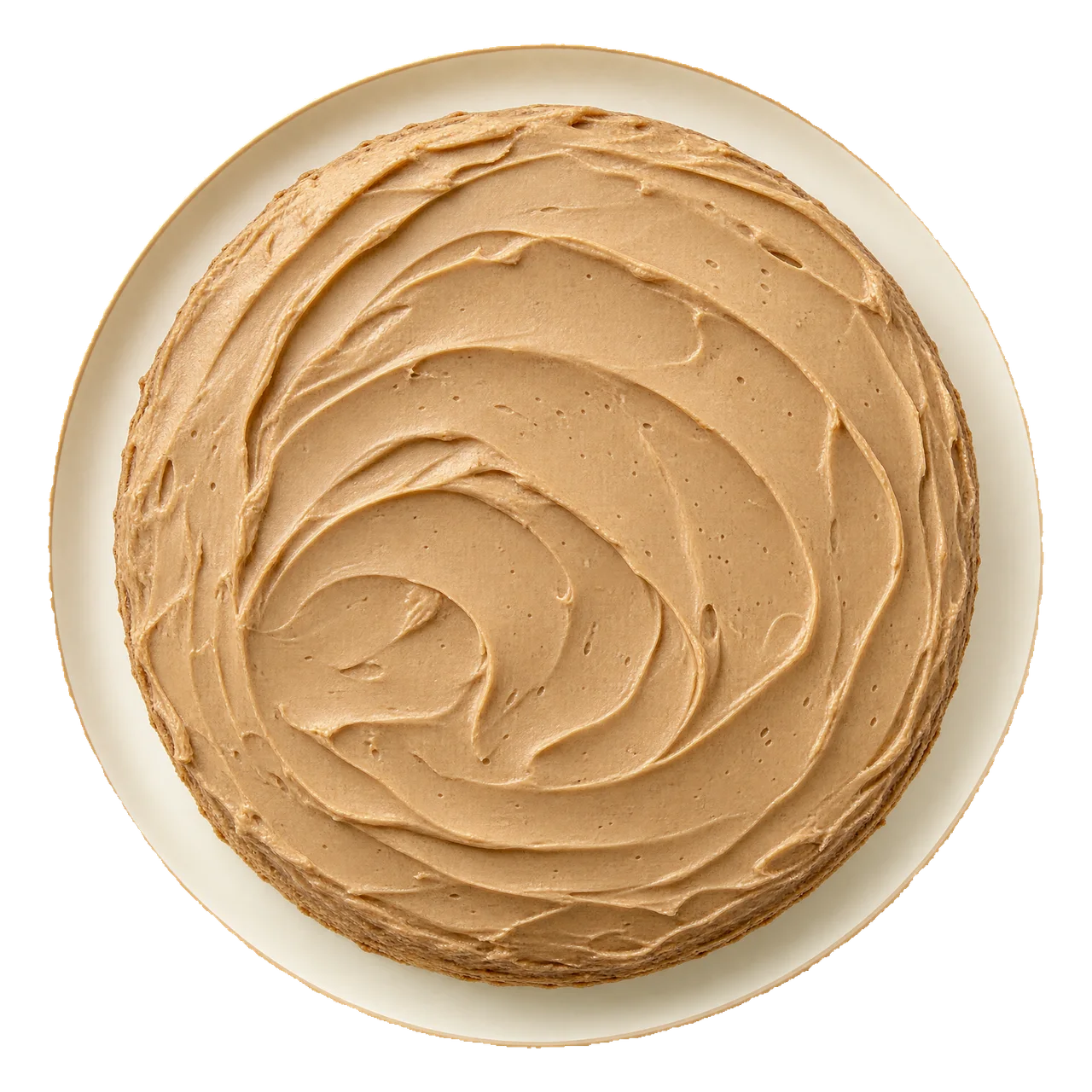 Round walnut cake covered with light coffee-brown cream and natural spatula swirls, on an ivory plate, photographed from directly above.