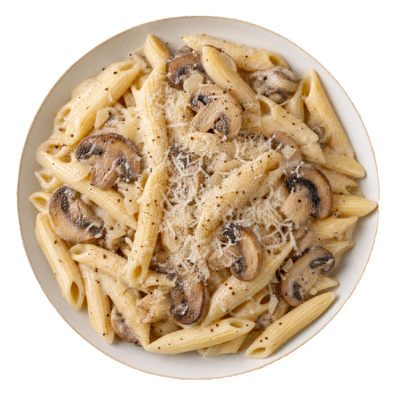 Penne pasta in creamy sauce with browned mushrooms and grated Parmesan on a pale plate.