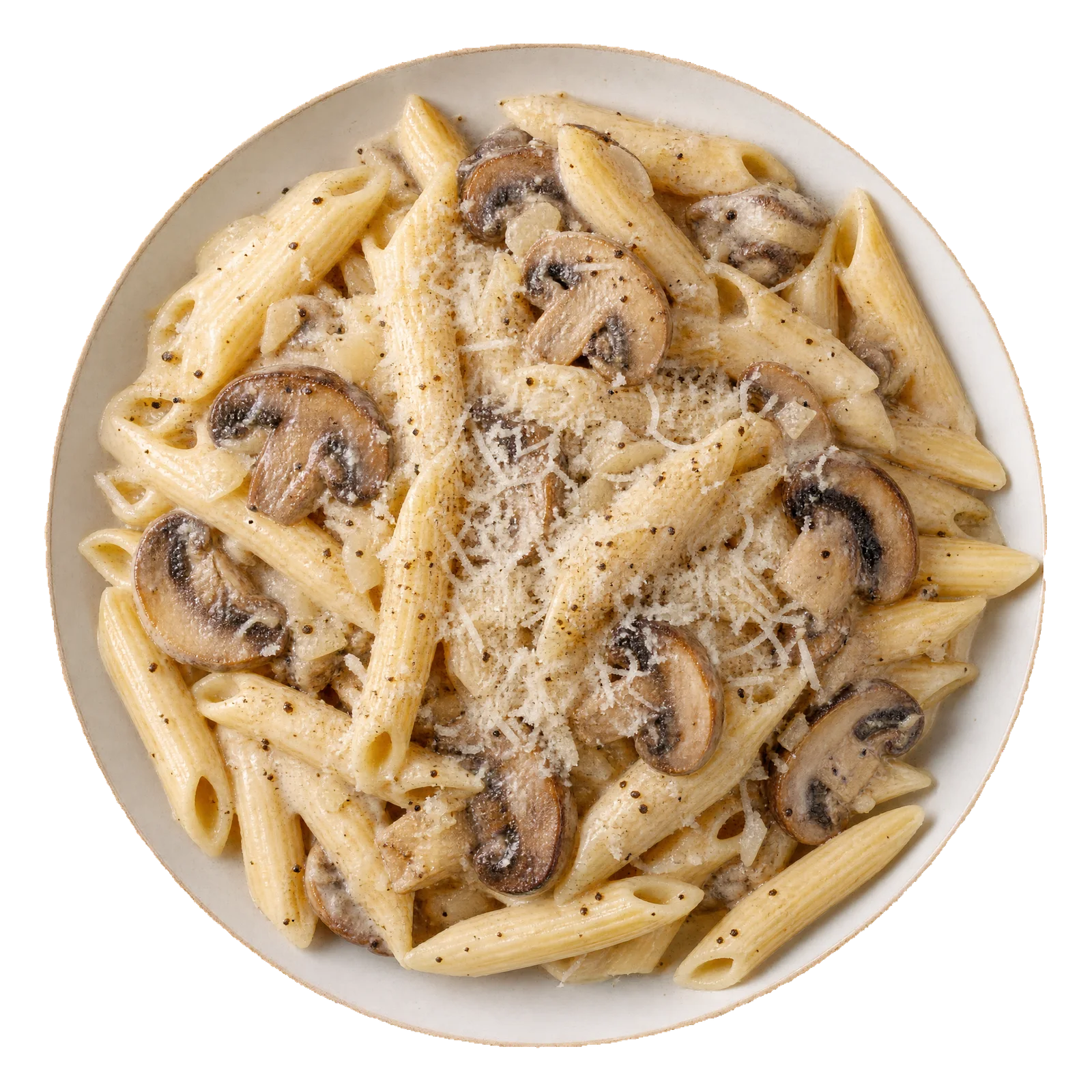 Penne pasta in creamy sauce with browned mushrooms and grated Parmesan on a pale plate.