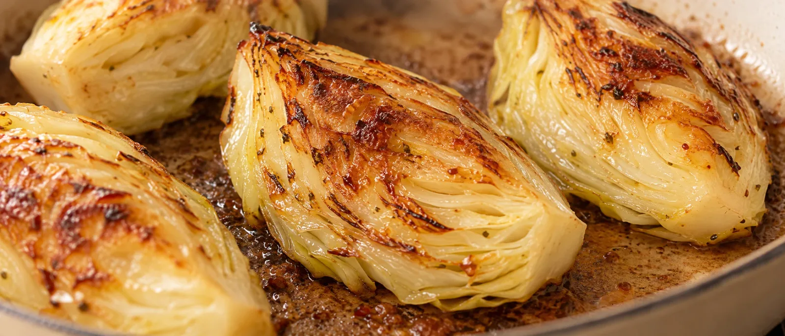 Golden cut surfaces of cabbage wedges in a frying pan