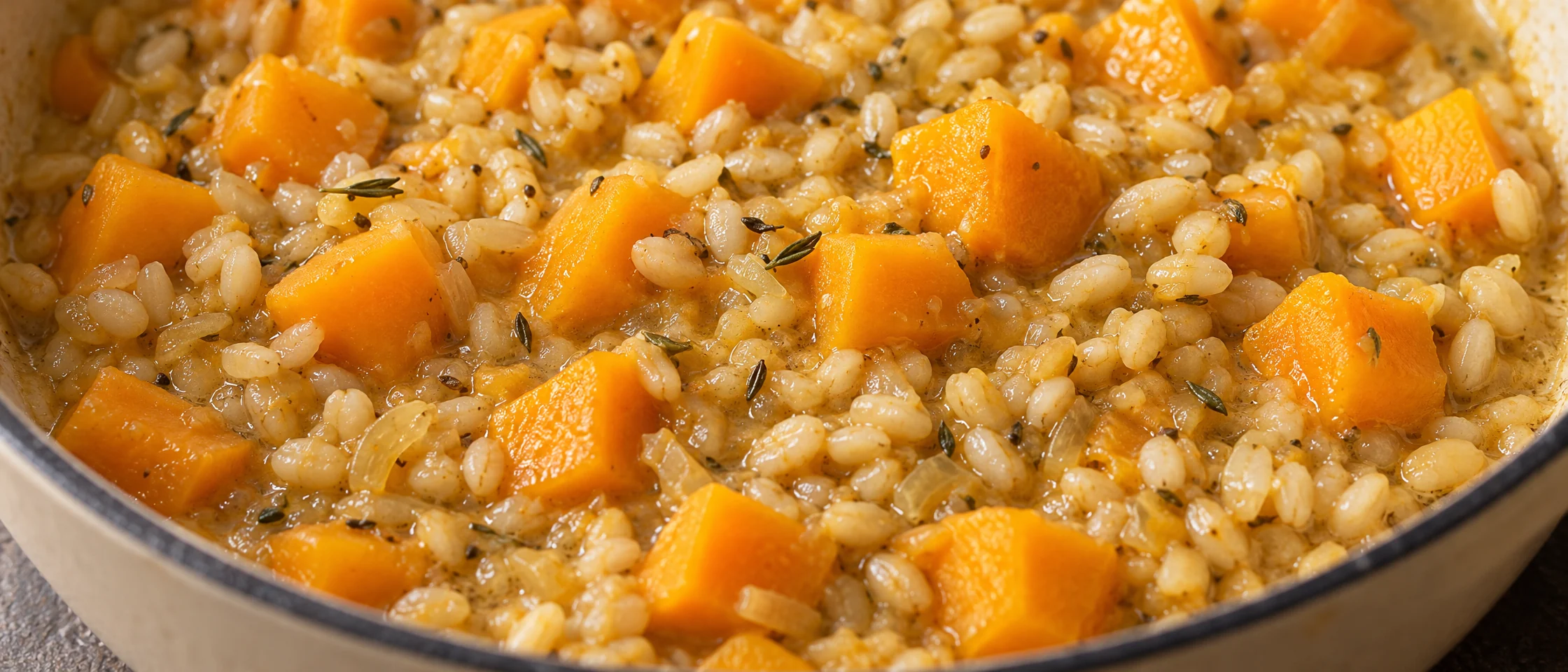 Squash cubes and pearl barley in simmering stock