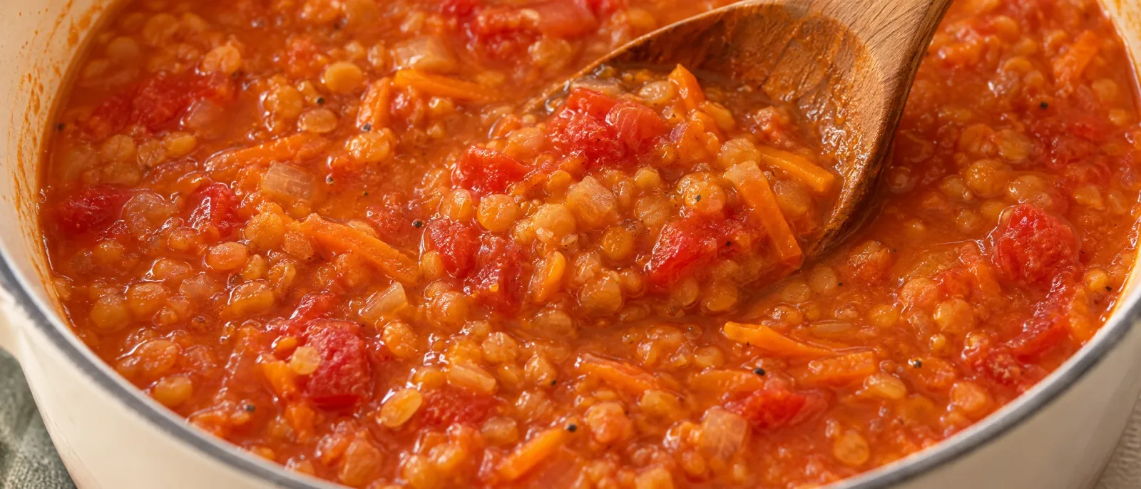 Tomato pieces stirred into thick lentil and carrot soup