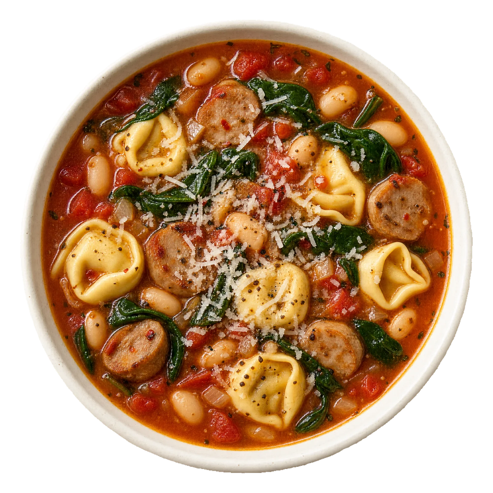 Zupa z tortellini, kiełbasą drobiową, szpinakiem i białą fasolą