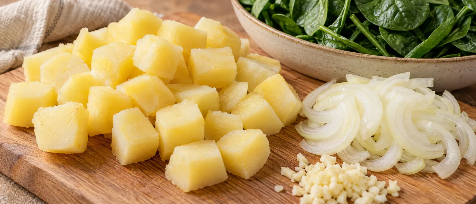 Diced cooked potatoes, sliced onion, garlic and spinach leaves