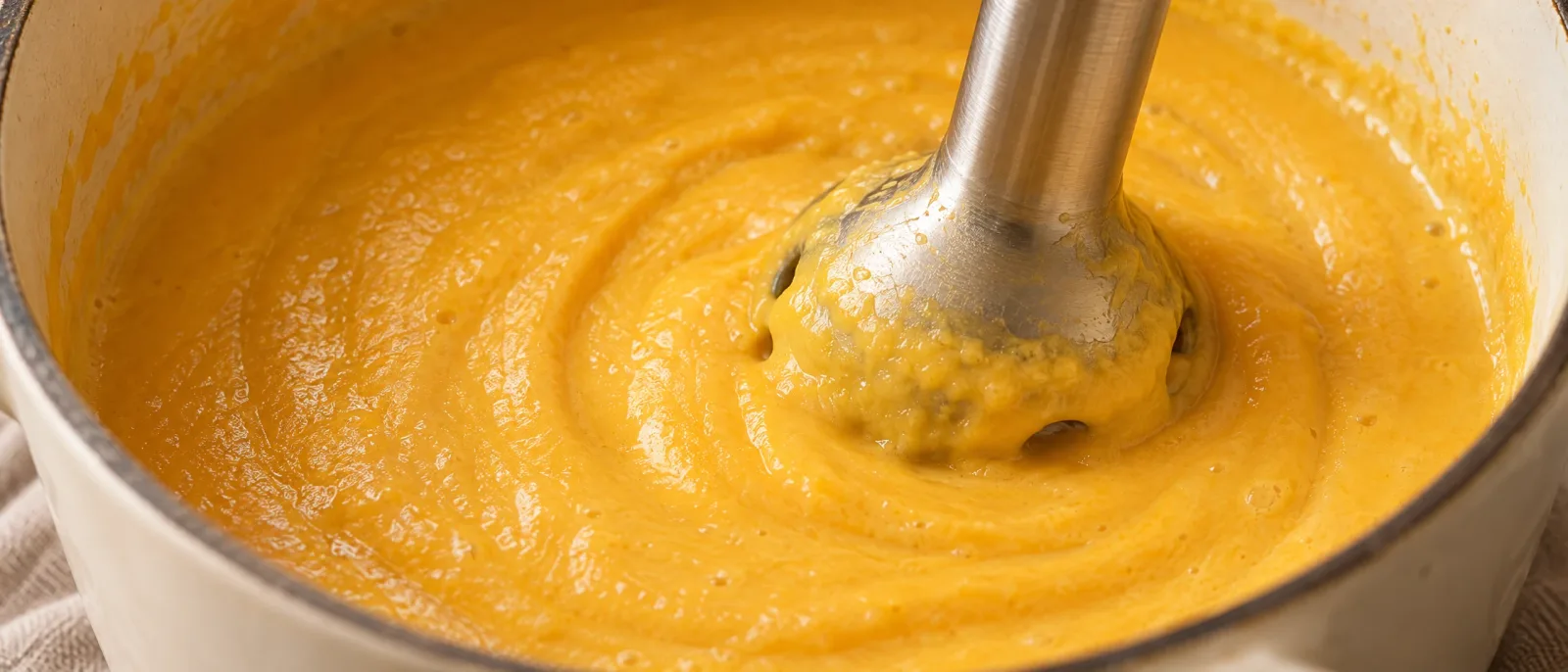 Smooth orange squash sauce being blended with a hand blender in a saucepan