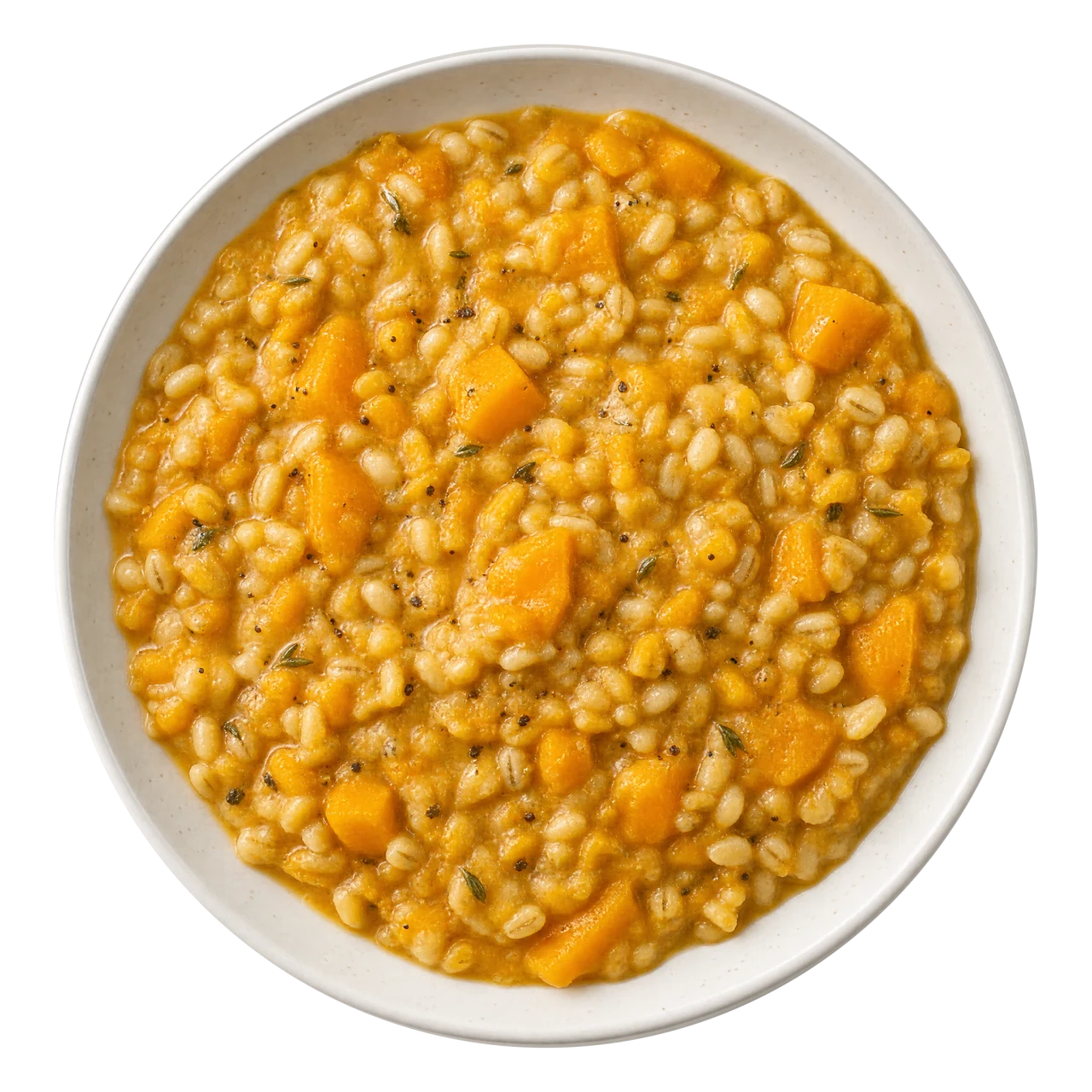 Creamy pearl barley kaszotto with pumpkin pieces on a pale plate.