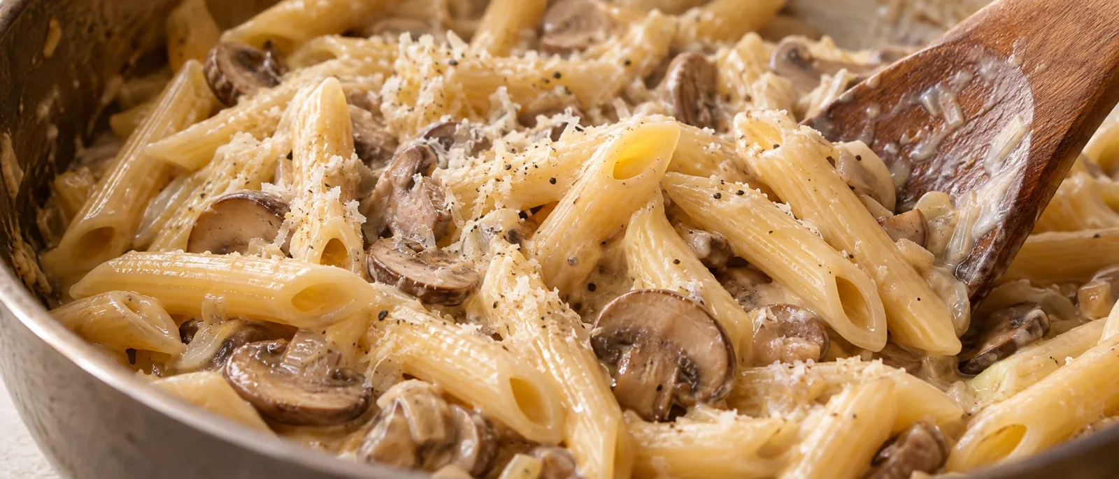 Penne with mushrooms in creamy sauce, topped with grated Parmesan