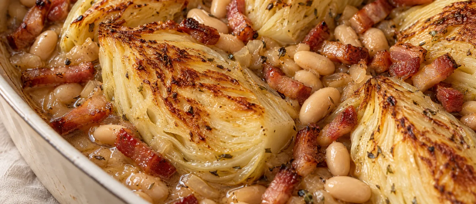 Roasted cabbage wedges with white beans and browned bacon in a baking dish