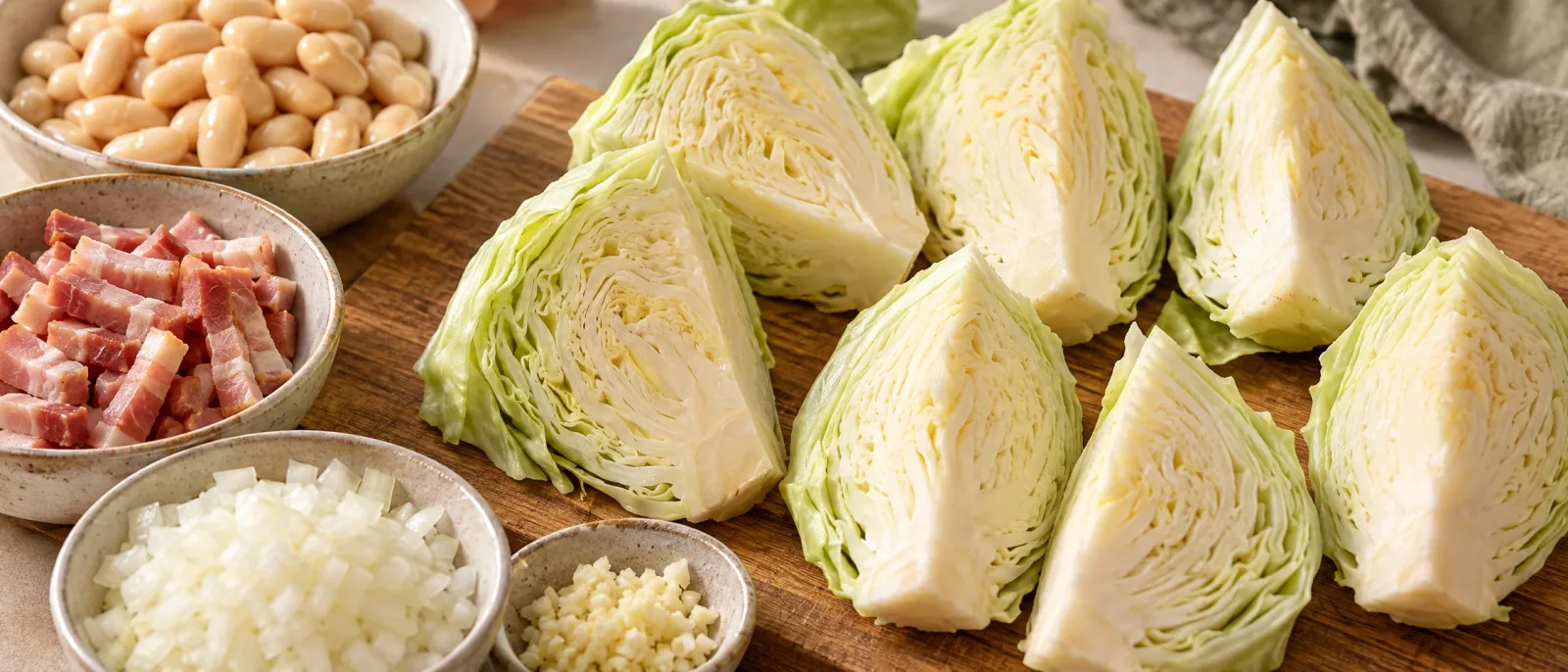 Cabbage wedges, bacon, white beans, onion and garlic prepared for cooking