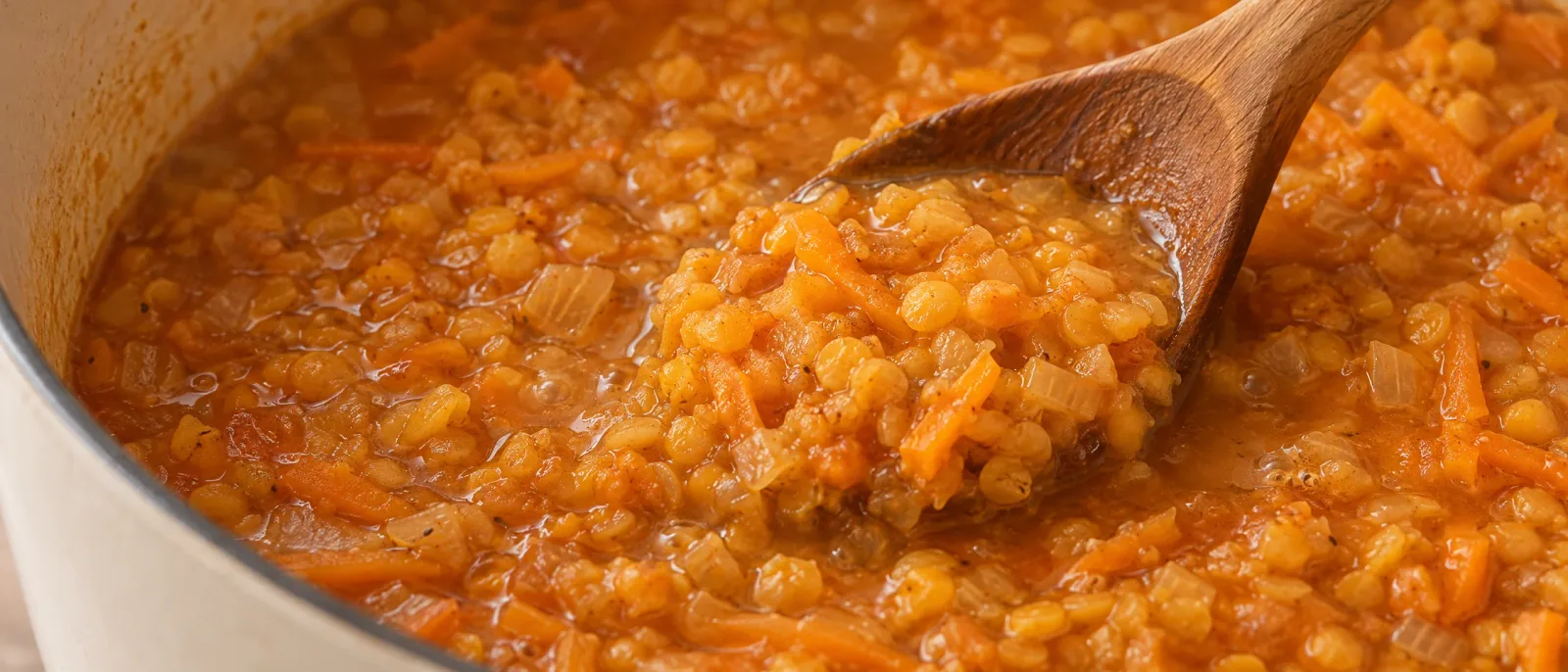 Soft lentils beginning to break down, with carrot on a wooden spoon