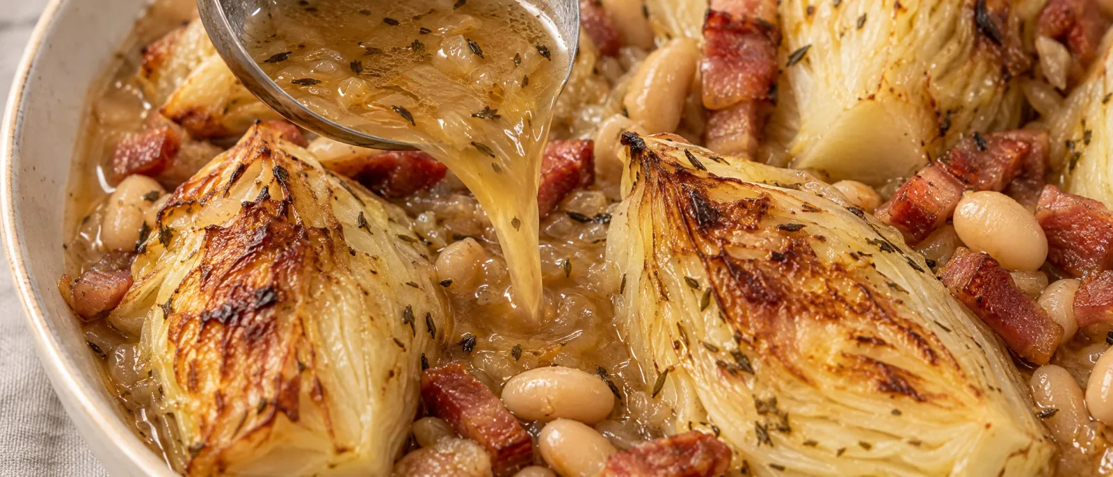 Onion sauce being spooned over roasted cabbage with bacon and beans
