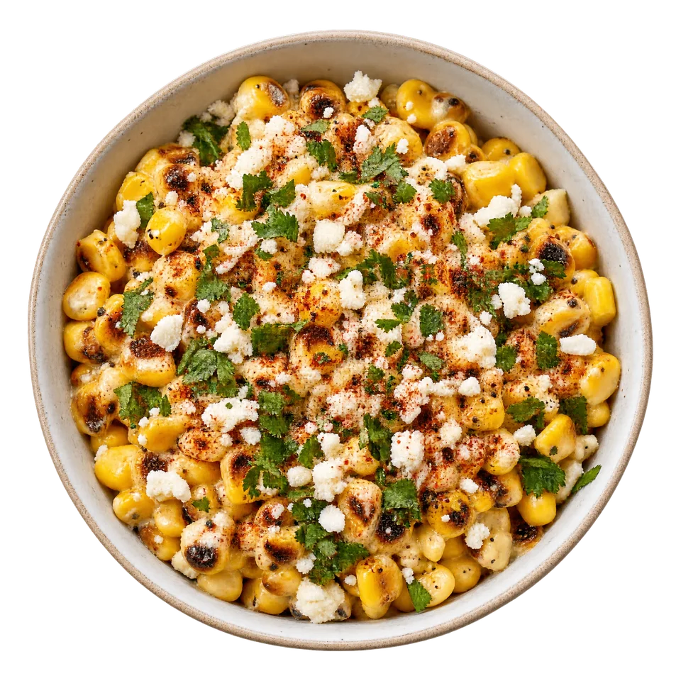 Esquites: mocno zrumieniona kukurydza, limonka, chilli i ser