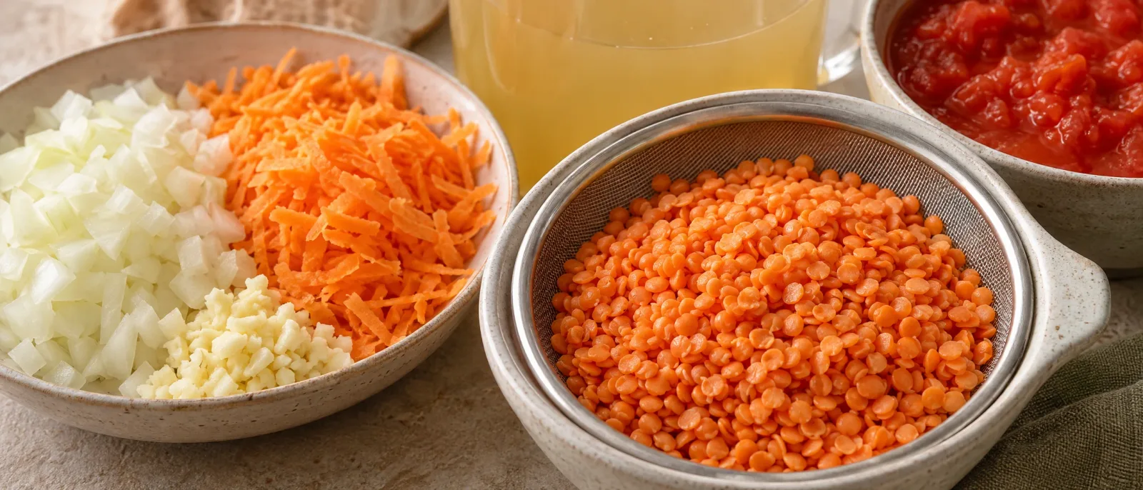 Chopped onion and garlic, grated carrot, lentils in a sieve, stock and tomatoes