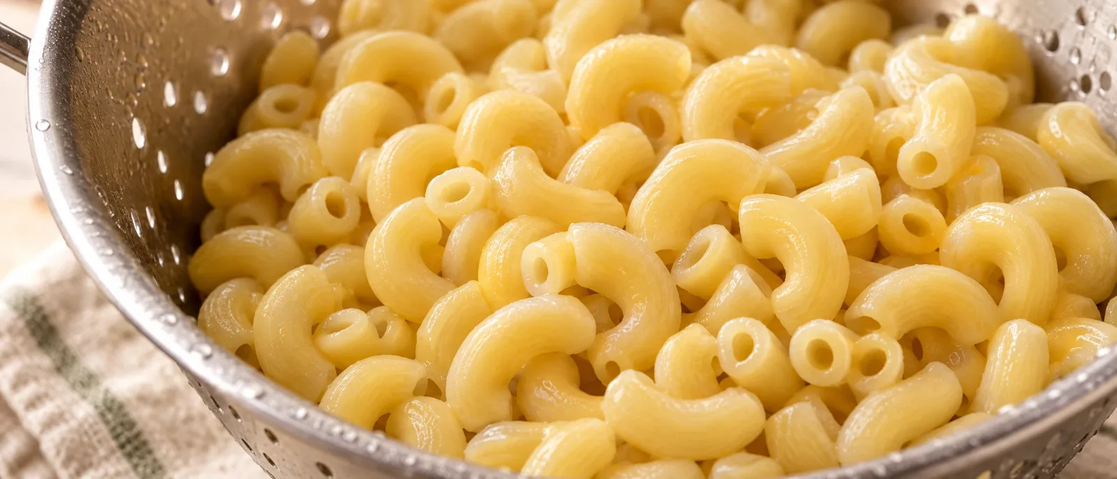 Drained elbow macaroni in a metal colander