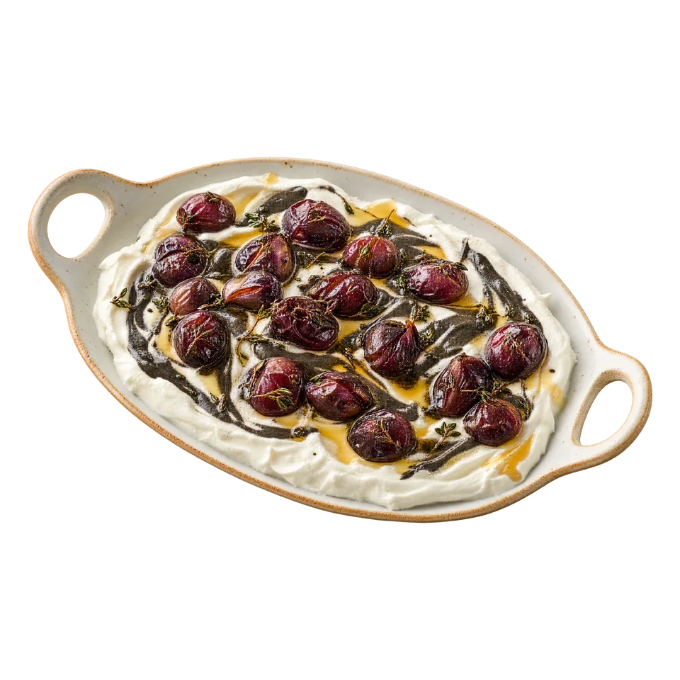 Labneh z czarną tahini i pieczonymi winogronami