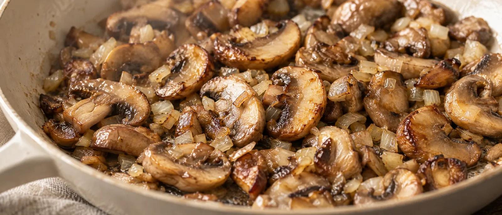 Golden mushroom slices with onion in a frying pan after the liquid has evaporated
