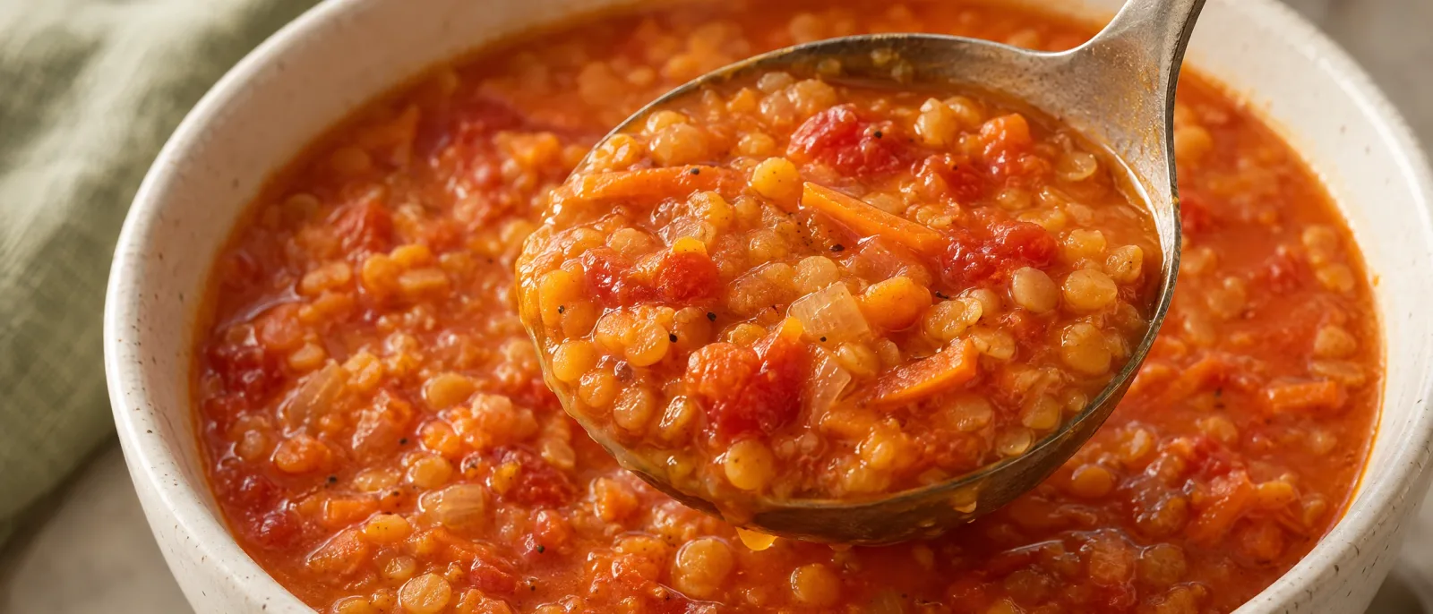 Thick red lentil and tomato soup in a bowl and on a spoon