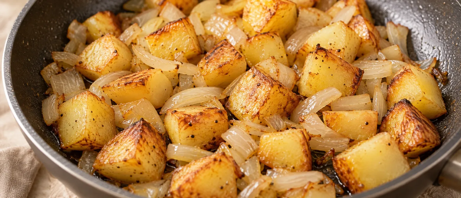 Potatoes with browned edges and softened onion in a frying pan