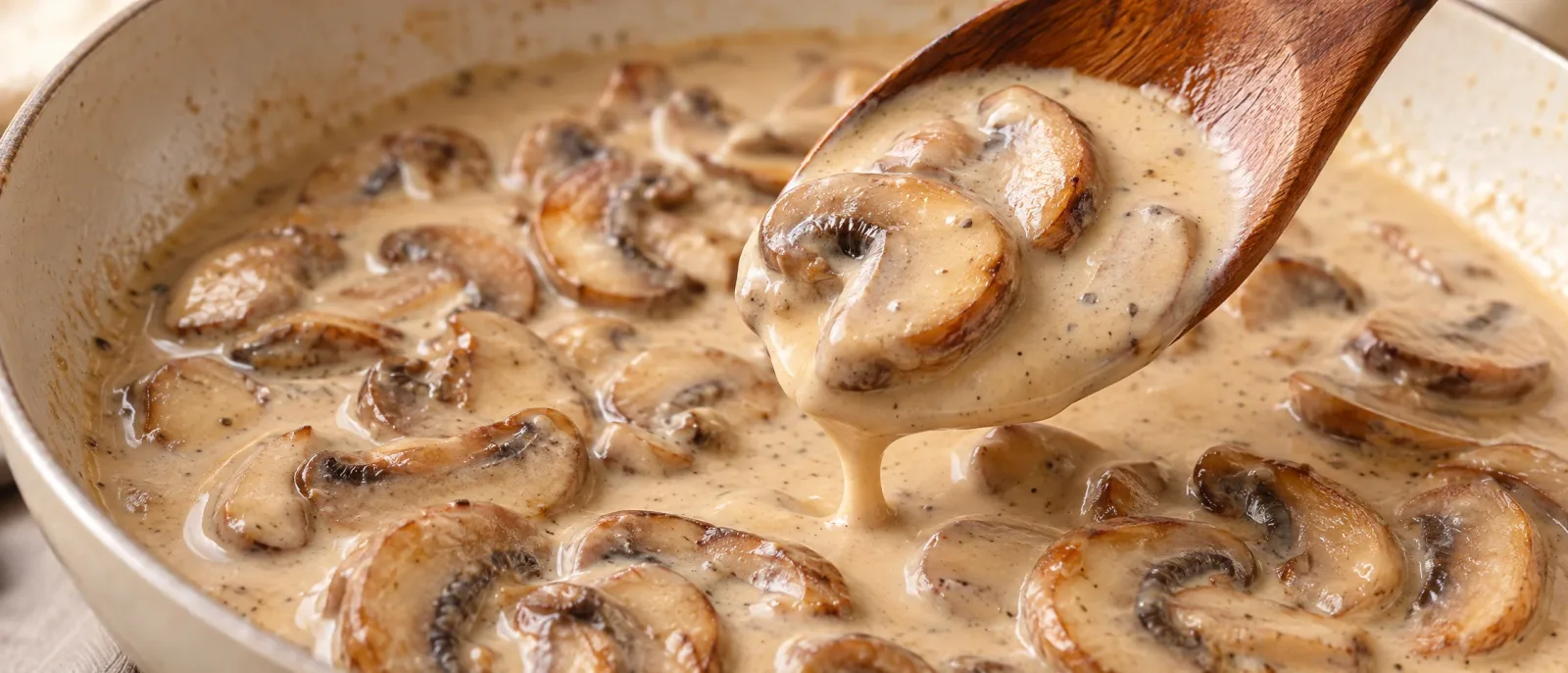 Creamy gravy with browned mushroom slices coating a wooden spoon over a frying pan