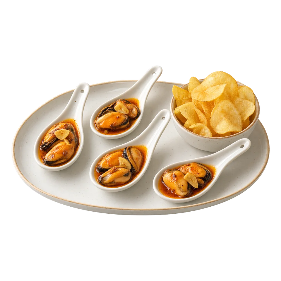 Małże escabeche z chrupiącym chipsem ziemniaczanym