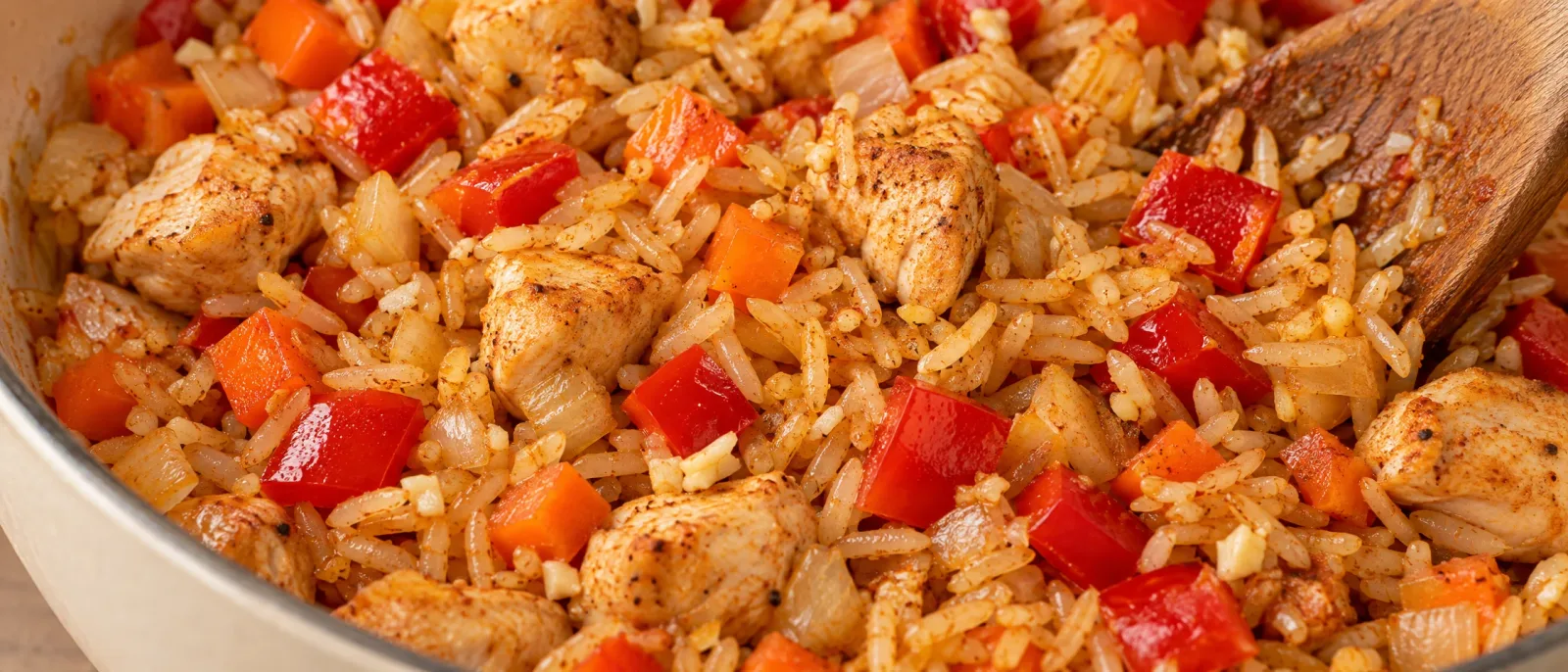 Chicken, carrot and red pepper mixed with rice grains in a saucepan