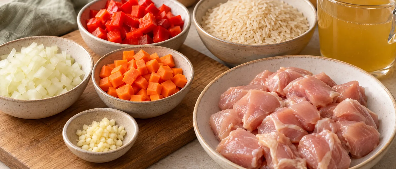 Diced raw chicken, onion, carrot, red pepper and garlic beside rice and stock