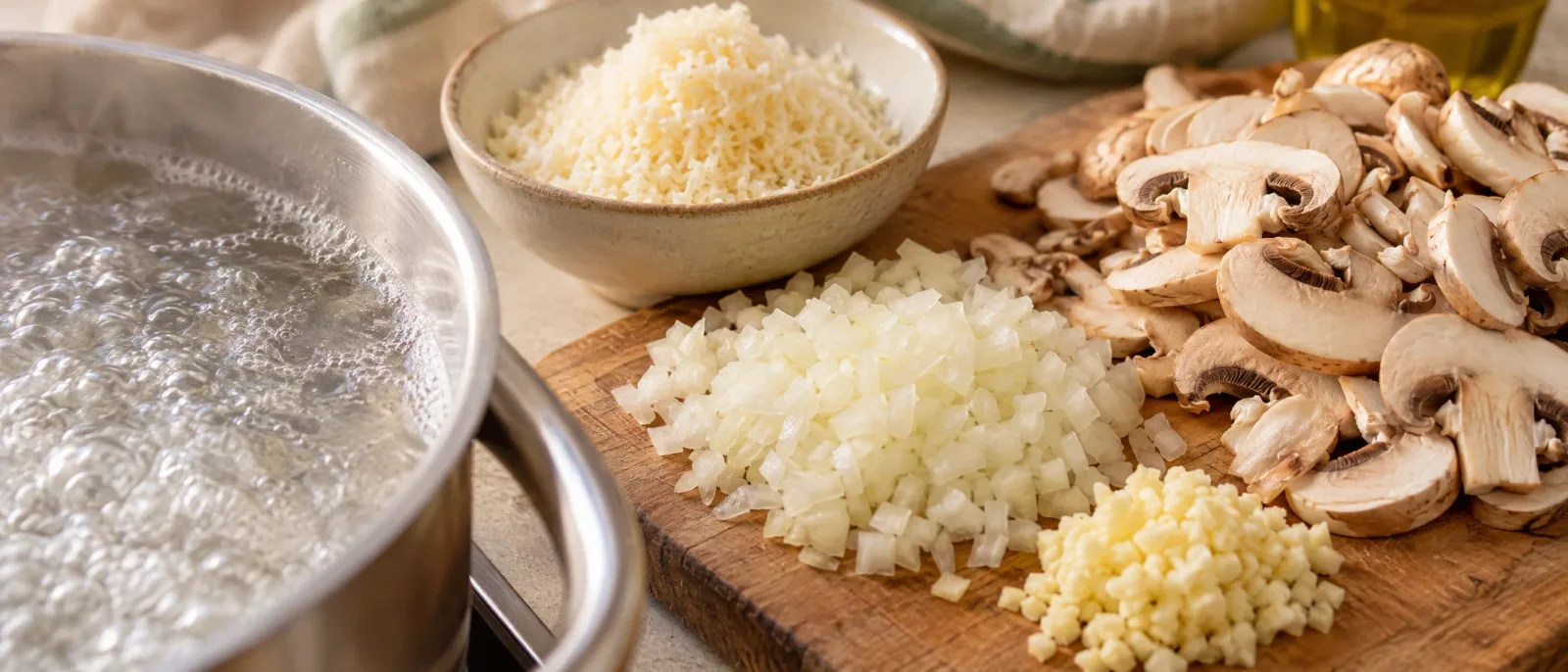 Sliced mushrooms, chopped onion and garlic, and grated Parmesan beside a pan of boiling water
